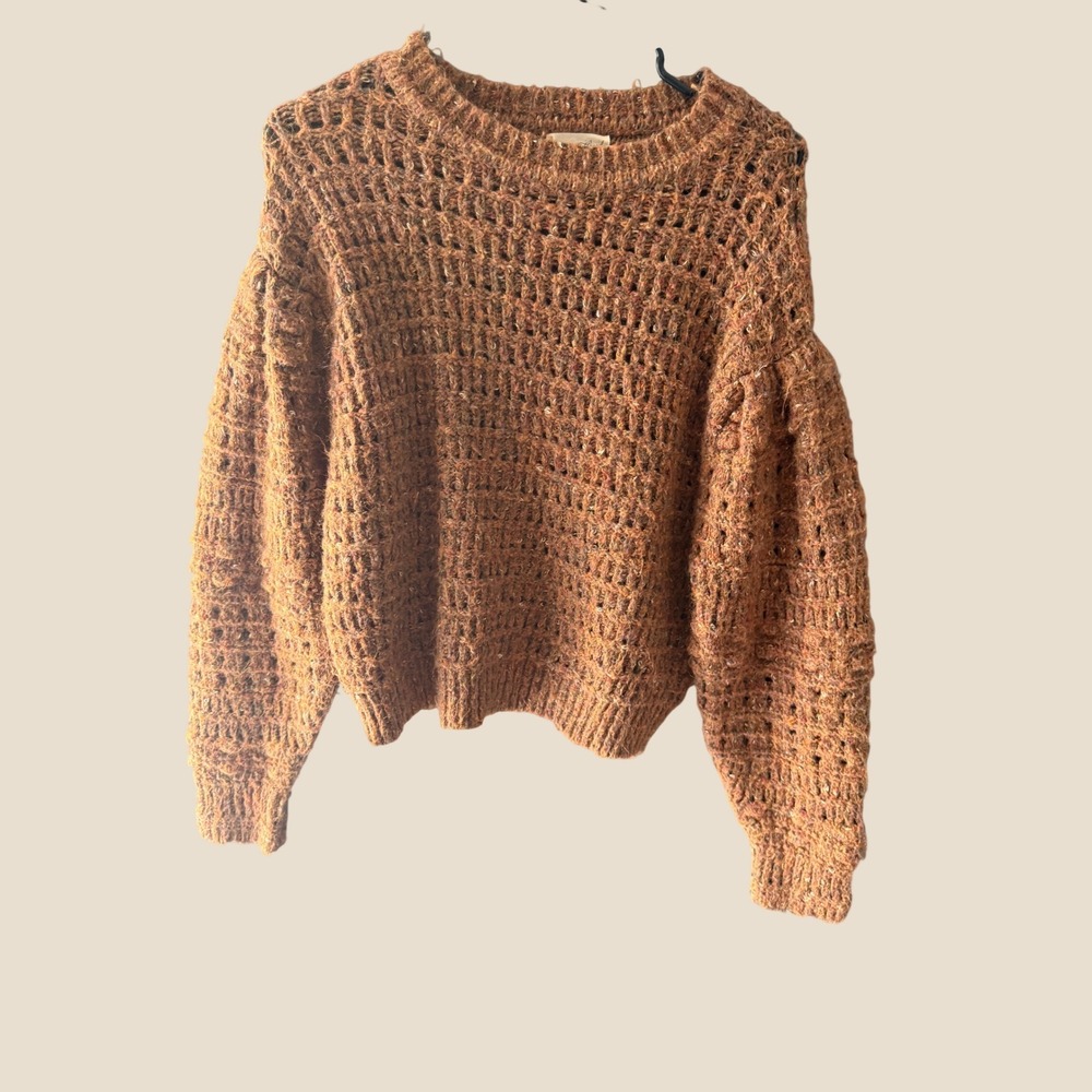 Universal Thread Womens Rust Brown Open Knit Puff Sleeve Sweater Size M